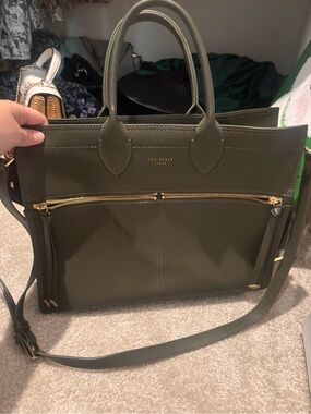 Ted Baker Olive Green Leather Satchel with Gold Hardware